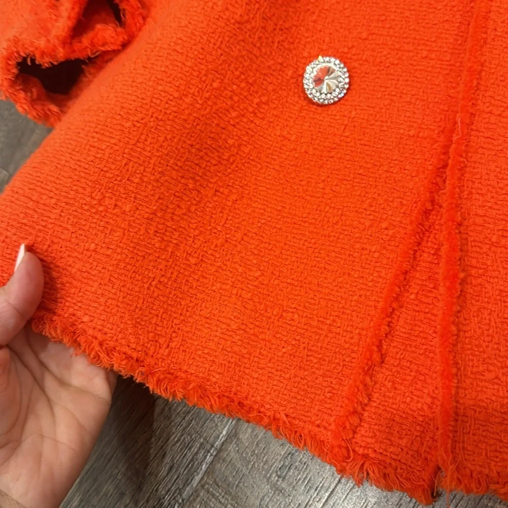 Zara Bright Orange Red Tweed Diamond Button Blazer - Picture 10 of 15